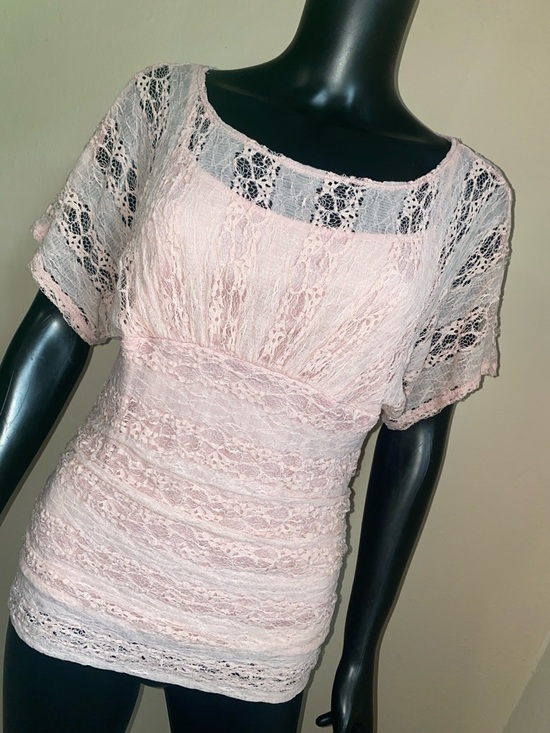 HeartSoul Tops - HeartSoul Y2K Darling Blush Pink Lace Short Sleeve Blouse